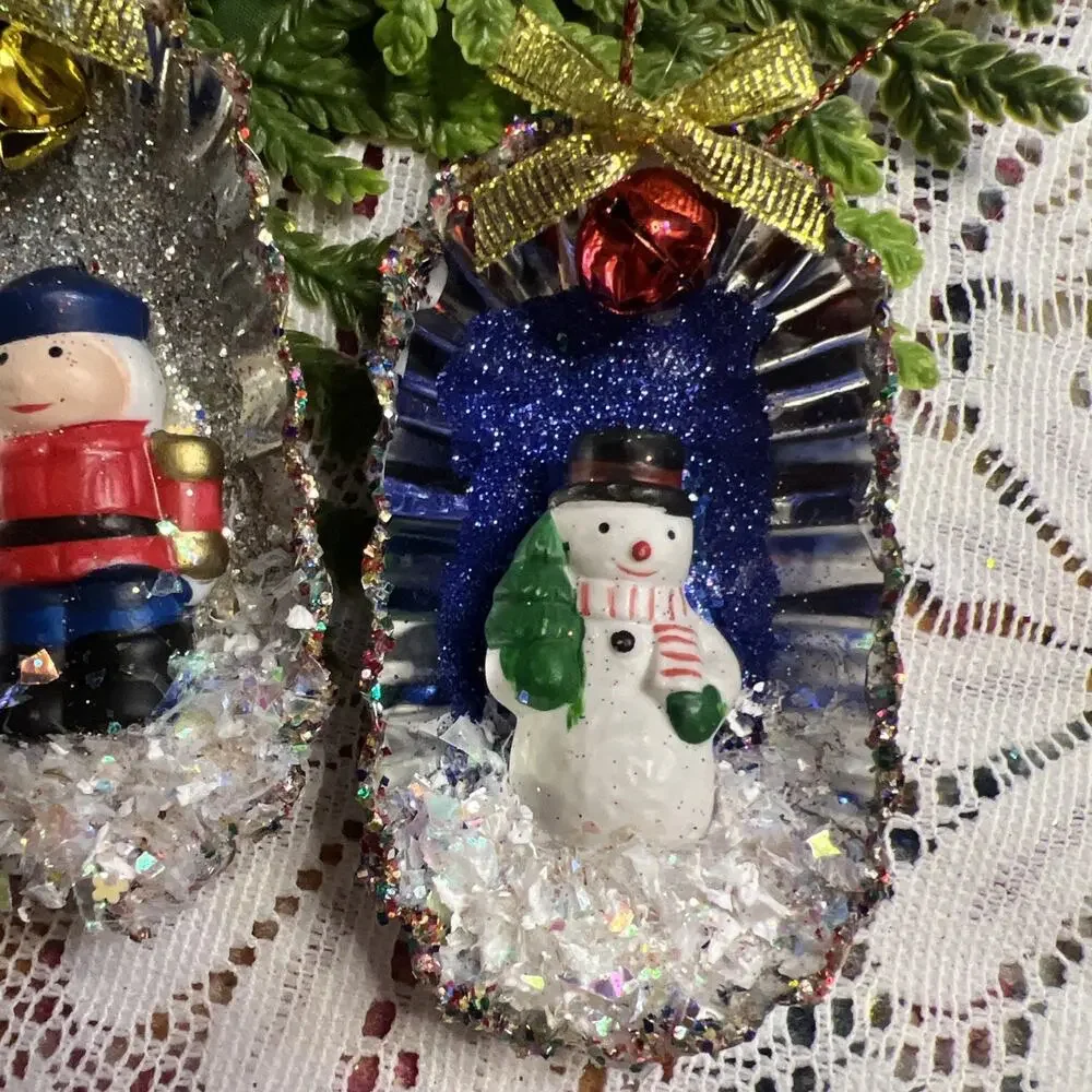 Vintage Oval Tart Tin Santa Snowman Soldier Set/3 Diorama Mid Century Ornaments